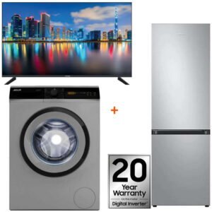 PACK ÉLECTROMÉNAGER ARIANA : RÉFRIGÉRATEUR COMBINÉ SAMSUNG 340L + TV TELEFUNKEN 50" + LAVE LINGE 10 KG